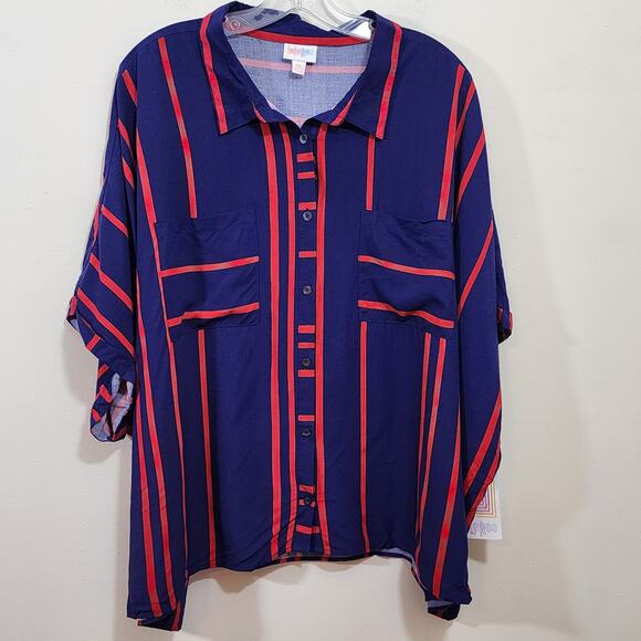 LuLaRoe NWT Amy dark blue with red stripes short sleeve button front woman's 3XL - Picture 1 of 8